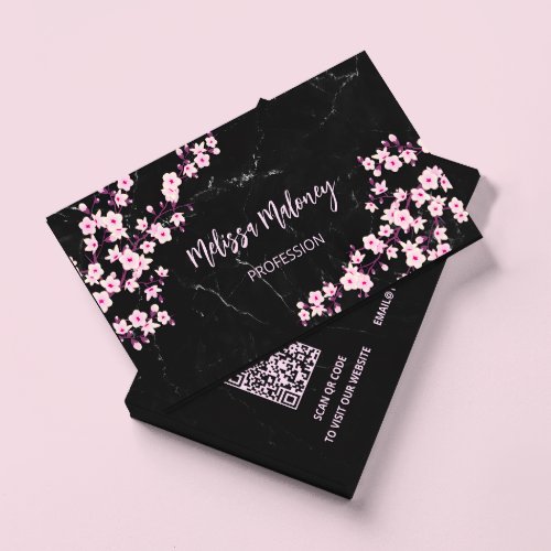 QR Code  Cherry Blossoms Pink Black Marble Business Card