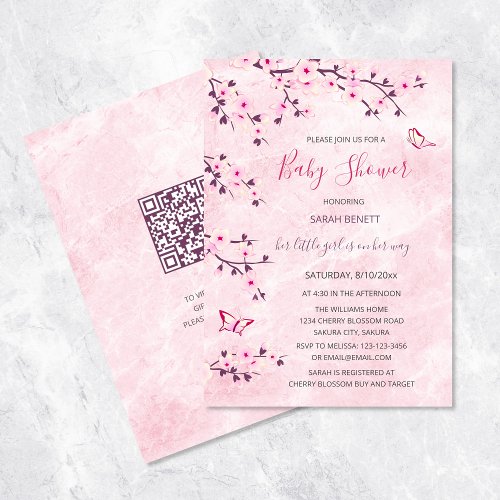 QR Code  Cherry Blossoms Pink Marble Baby Shower Invitation