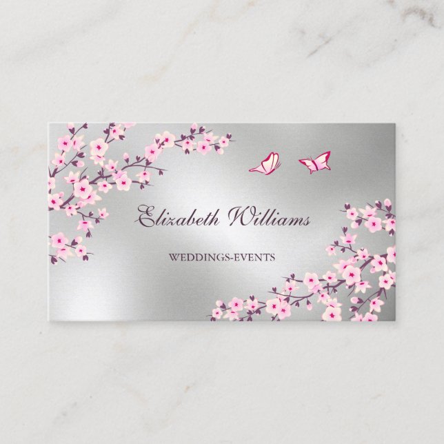 QR Code | Cherry Blossoms Pink Silver  Business Card (Front)