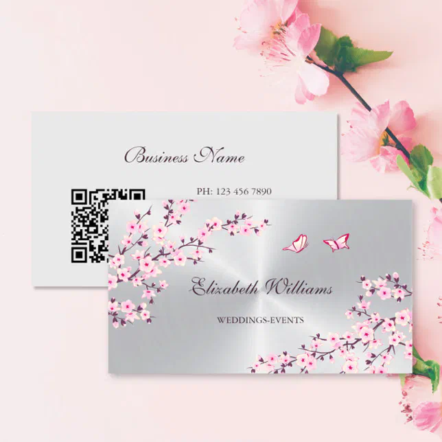 QR Code Cherry Blossoms Pink Silver Business Card Zazzle
