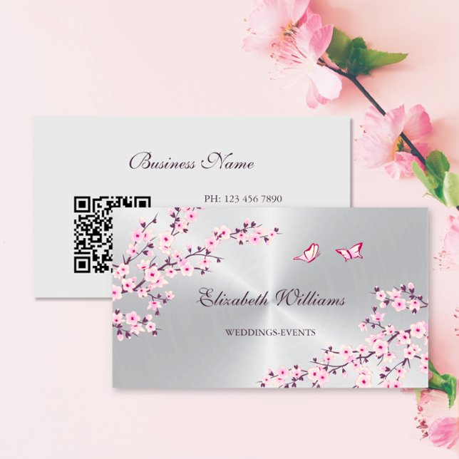 QR Code | Cherry Blossoms Pink Silver  Business Card (Creator Uploaded)