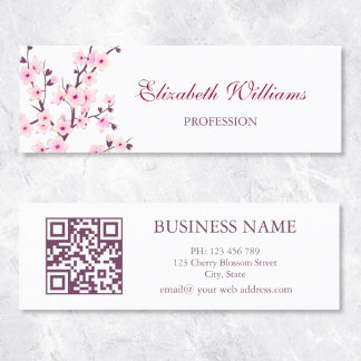 QR Code Cherry Blossoms Pink White Mini Business Card