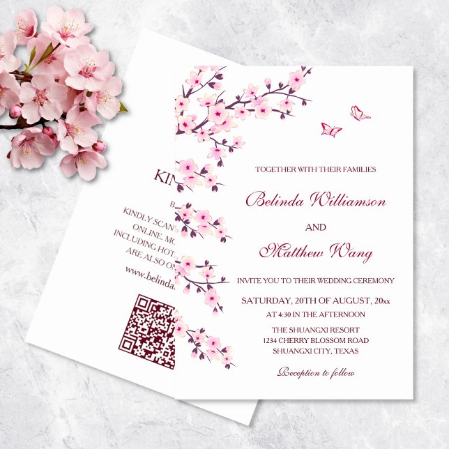 QR Code | Cherry Blossoms  Pink White Wedding  Invitation (Creator Uploaded)
