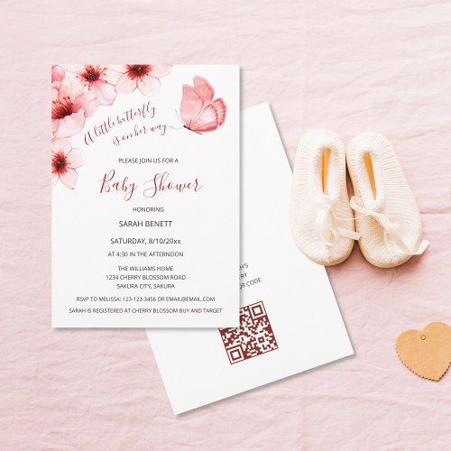 QR Code Cherry Blossoms Watercolor Baby Shower Invitation