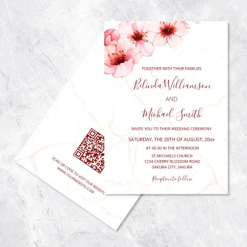 QR Code Cherry Blossoms Watercolor Marble Wedding Invitation