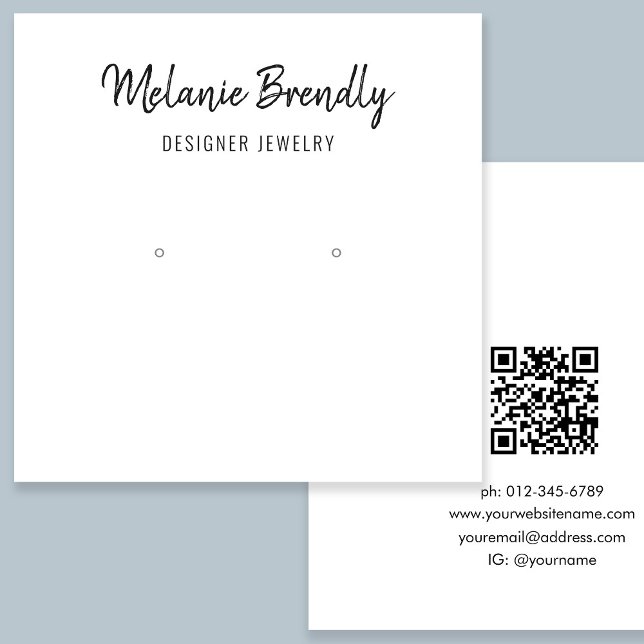 QR Code Chic Black White Jewelry Earring Display  Square Business Card (Stylishly Personalize with Your Custom Name, QR Code & Business Contact Information.)