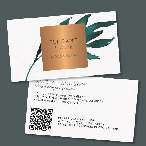 QR CODE chic blue leaf glam gold interior designer Business Card