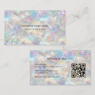 QR Code Chic Holographic Glitter Iridescent Opal Business Card