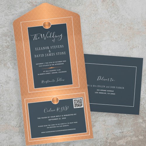 QR CODE chic navy copper gold online RSVP wedding All In One Invitation