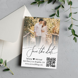 qr code chic script faded photo save the date card