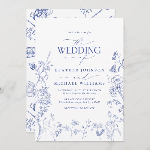 QR Code Chinoiserie French Blue Floral Wedding Invitation