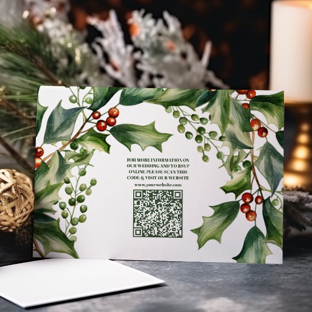 QR Code Christmas Berries & Pine Wedding Enclosure Card (Creator Uploaded)