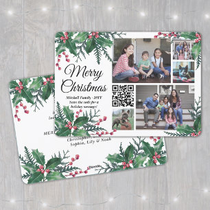 QR Code Christmas Holly Greenery 5 Photo Collage Holiday Card