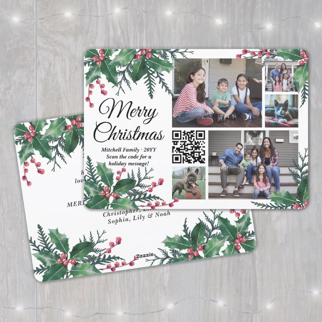 QR Code Christmas Holly Greenery 5 Photo Collage Holiday Card (Creator Uploaded)
