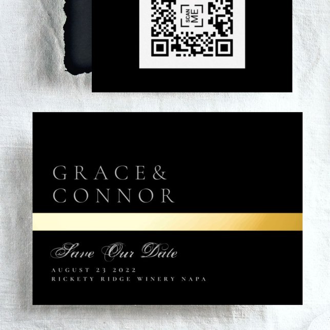 QR Code Classic Black Stripe Photo Save The Date Foil Invitation (Creator Uploaded)