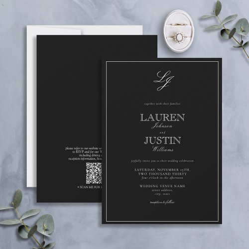 QR Code Classic Black  White Monogram Wedding Invitation