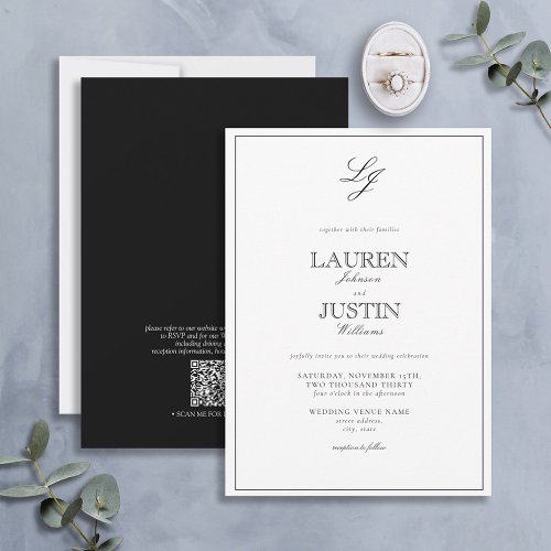 QR Code Classic Black  White Monogram Wedding Invitation