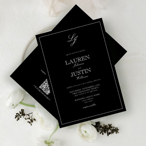 QR Code Classic Black  White Monogram Wedding Invitation
