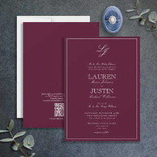 QR Code Classic Burgundy Script Monogram Wedding I Invitation