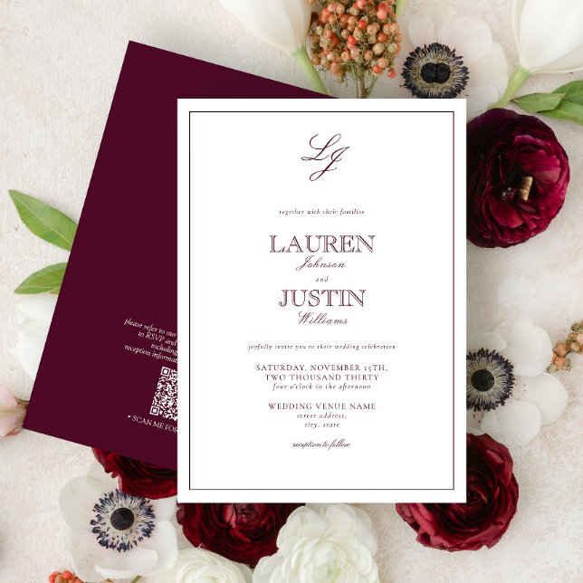QR Code Classic Burgundy Script Monogram Wedding Invitation (Creator Uploaded)