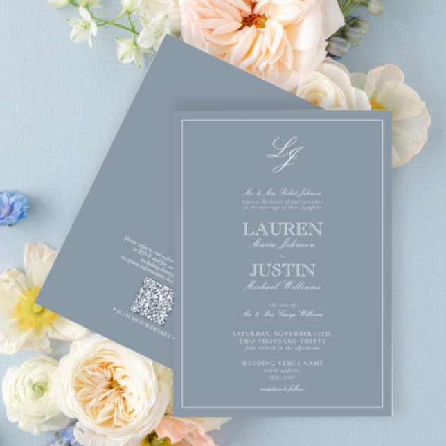 QR Code Classic Dusty Blue Script Monogram Wedding Invitation (Creator Uploaded)