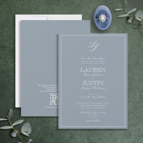 QR Code Classic Dusty Blue Script Monogram Wedding Invitation