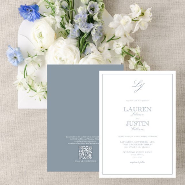 QR Code Classic Dusty Blue Script Monogram Wedding Invitation (Creator Uploaded)