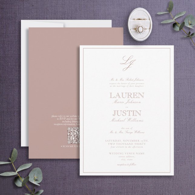 QR Code Classic Dusty Rose Script Monogram Wedding Invitation (Creator Uploaded)