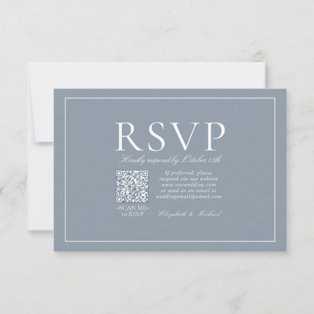 QR Code Classic Elegant Dusty Blue Script RSVP Card (Front)