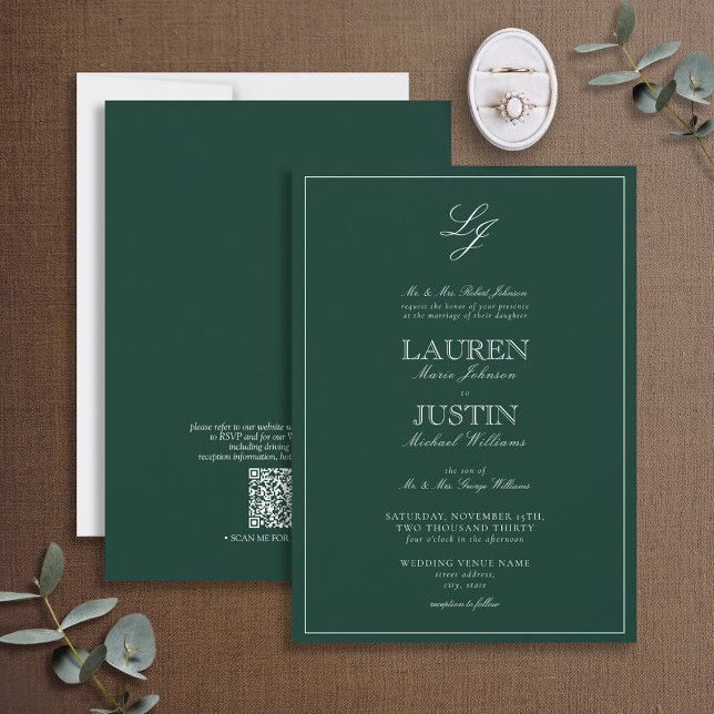 QR Code Classic Emerald Green Monogram Wedding Invitation (Creator Uploaded)