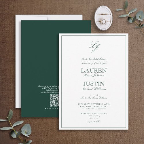 QR Code Classic Emerald Green Monogram Wedding Invitation