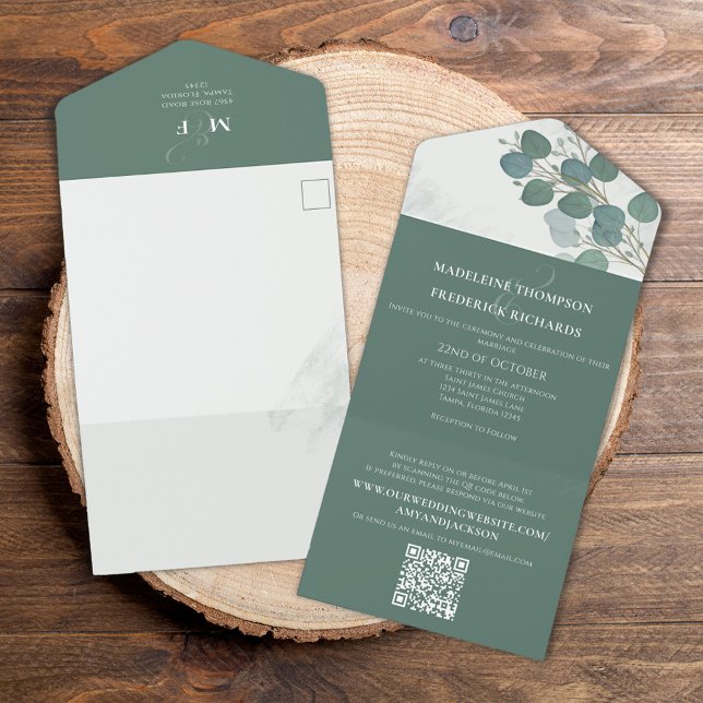 QR Code Classic Eucalyptus Online RSVP Simple All In One Invitation (A QR Code All in One Eucalyptus Leaves. )