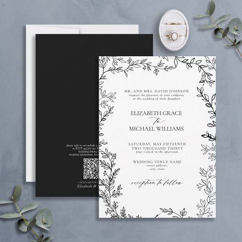 QR Code Classic Formal Black White Leafy Wedding Invitation