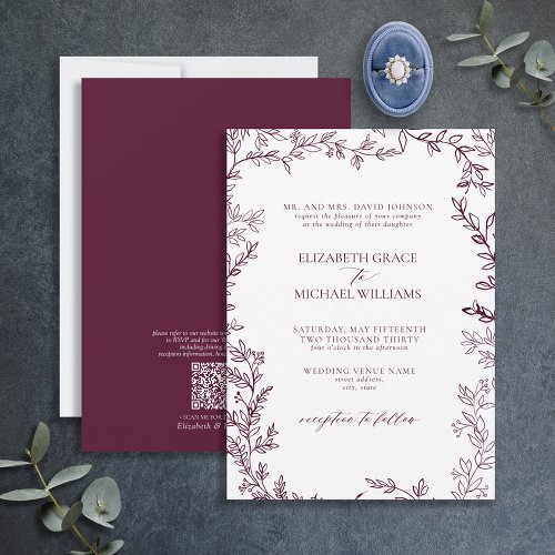 QR Code Classic Formal Burgundy Leafy Wedding Invitation