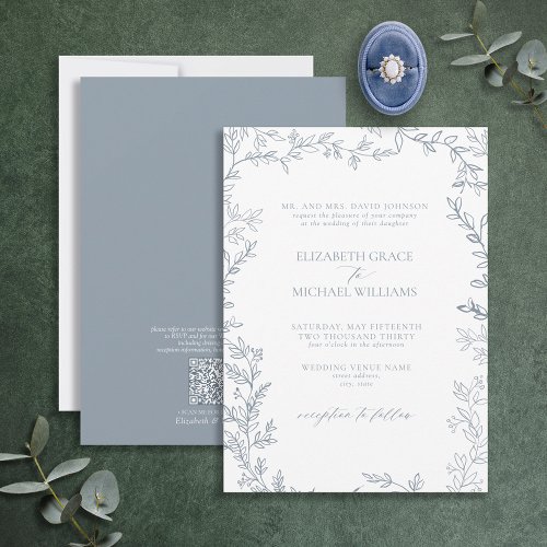 QR Code Classic Formal Dusty Blue Leafy Wedding Invitation