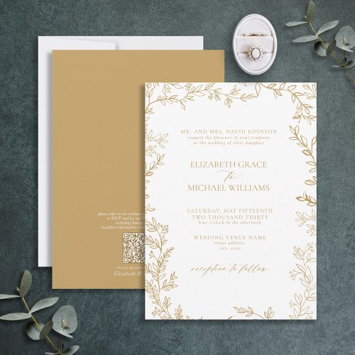 QR Code Classic Formal Elegant Gold Leafy Wedding Invitation