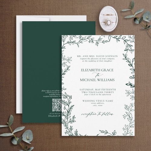 QR Code Classic Formal Emerald Green Wedding Invitation