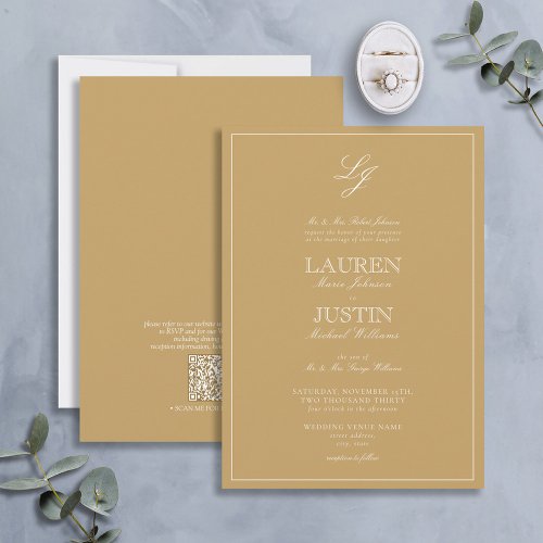 QR Code Classic Gold Script Monogram Wedding Invit Invitation