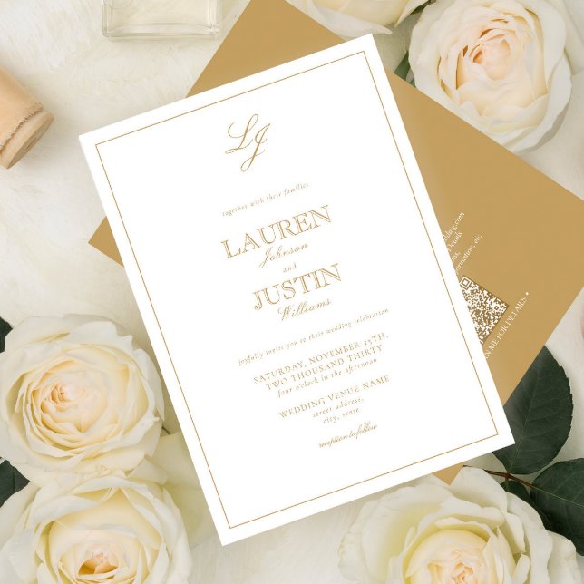 QR Code Classic Gold Script Monogram Wedding Invitation (Creator Uploaded)