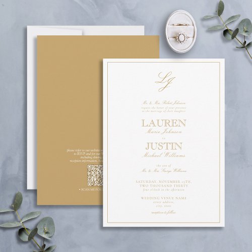 QR Code Classic Gold Script Monogram Wedding Invitation