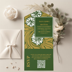 QR Code Classic Green Art Nouveau Wedding All In One Invitation