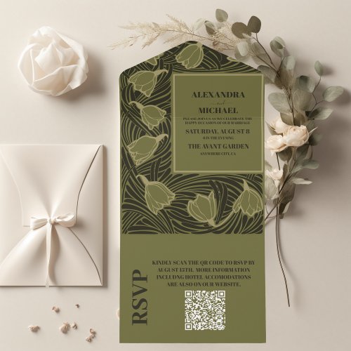 QR Code Classic Green Art Nouveau Wedding All In One Invitation