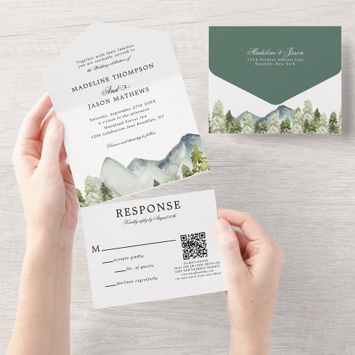 Qr Code Classic Mountain Forest Watercolor Wedding All In One Invitation