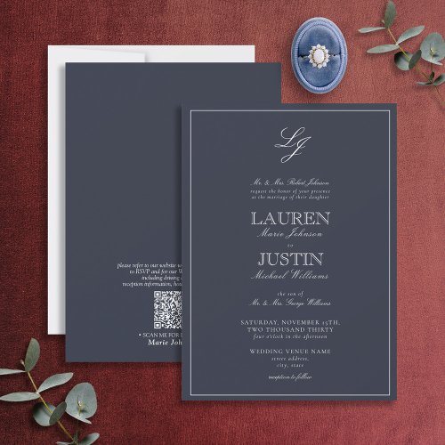 QR Code Classic Navy Blue Script Monogram Wedding  Invitation