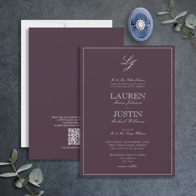 QR Code Classic Plum Purple Monogram Wedding Invit Invitation (Creator Uploaded)