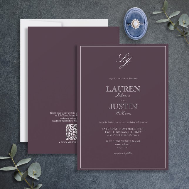 QR Code Classic Plum Purple Monogram Wedding Invitation (Creator Uploaded)