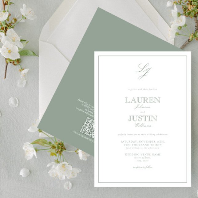 QR Code Classic Sage Green Monogram Wedding Invitation (Creator Uploaded)