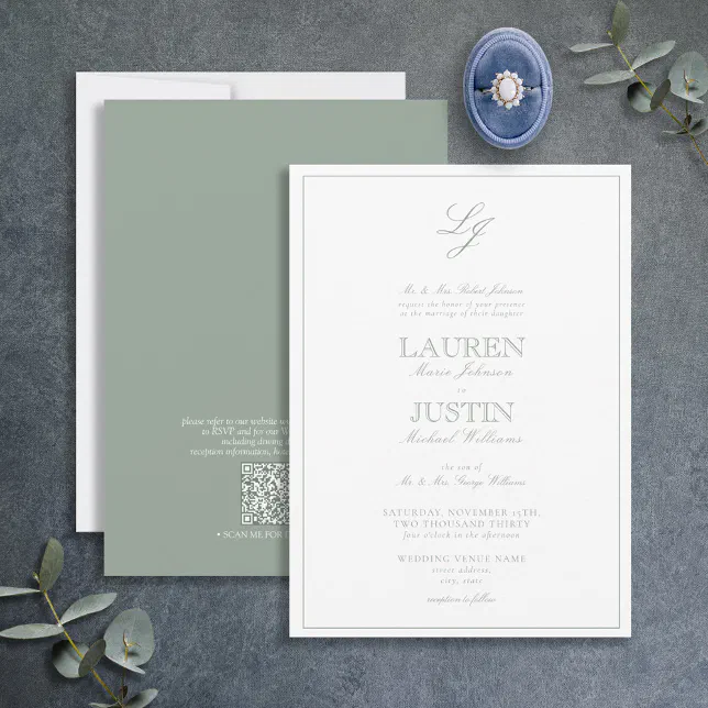 QR Code Classic Sage Green Script Monogram Wedding Invitation | Zazzle