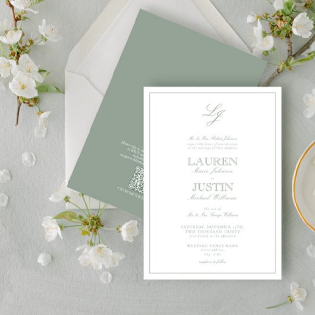 QR Code Classic Sage Green Script Monogram Wedding Invitation (Creator Uploaded)