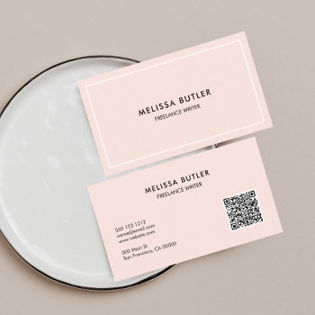 Qr Code Classy Minimal Blush Pink Business Card by CrispinStore at Zazzle